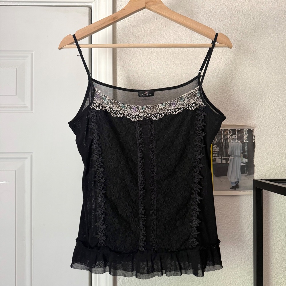MICHEL USA black y2k vintage lace mesh floral‎ spaghetti cami cropped tank top